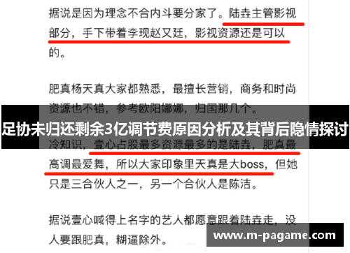 足协未归还剩余3亿调节费原因分析及其背后隐情探讨