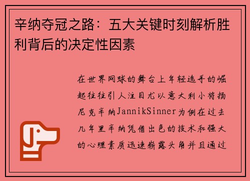 辛纳夺冠之路：五大关键时刻解析胜利背后的决定性因素